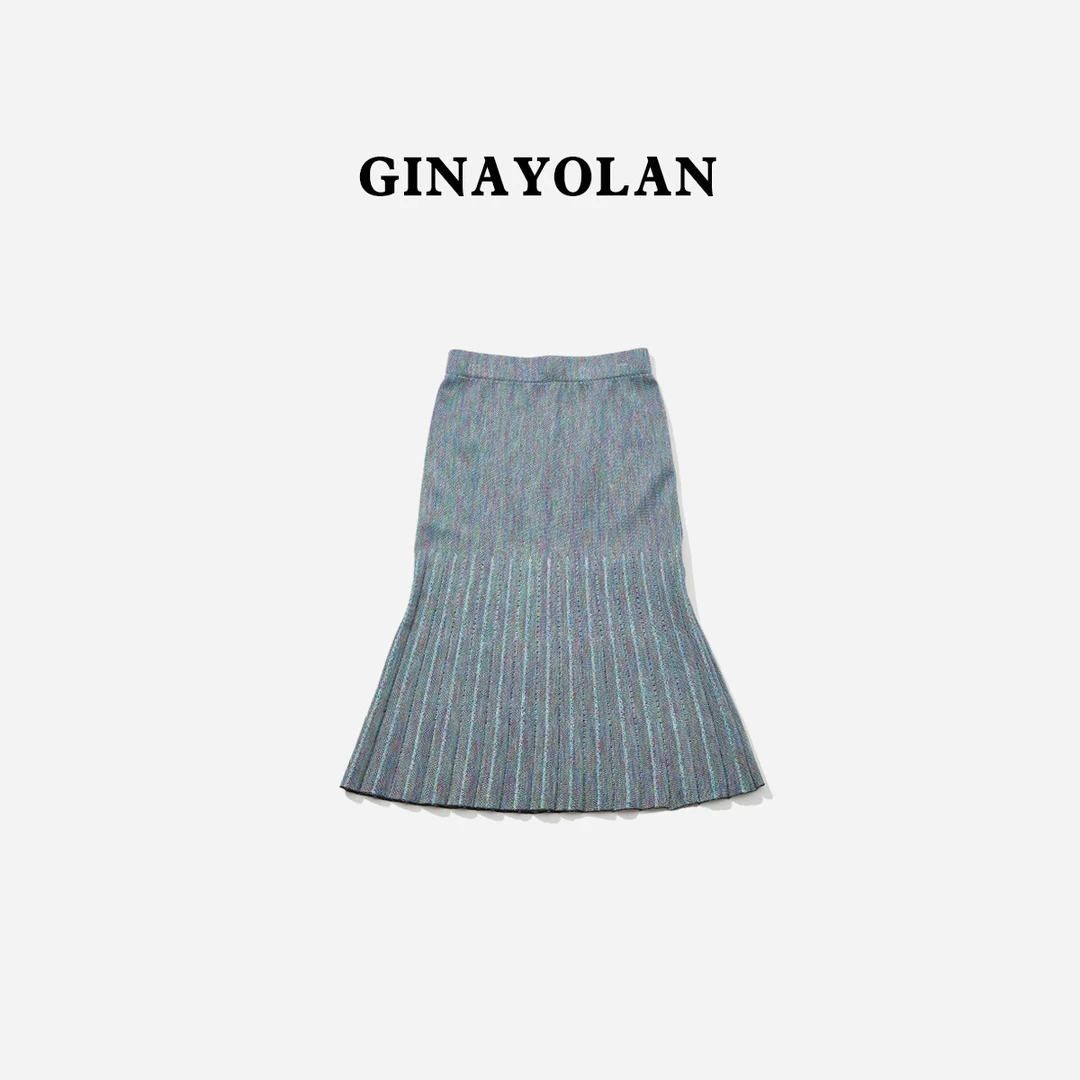 GINAYOLAN/瑾颜【设计师系列】泛彩重工奢华面料半裙高腰百褶半身裙