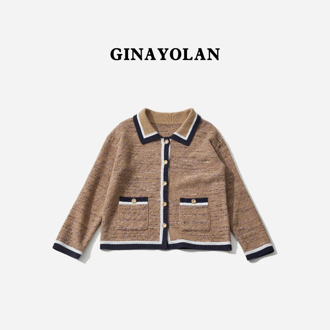 GINAYOLAN/瑾颜【设计师系列】翻领撞色奢华气质休闲时尚开衫针织衫