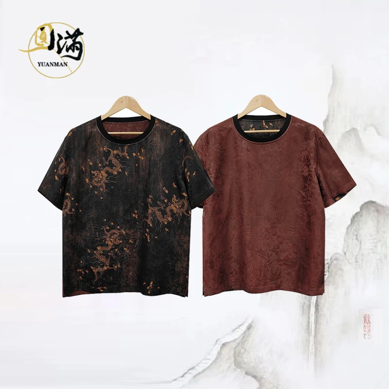 [圆满香云纱]祥龙暗纹竹桑蚕丝红云纱中式双面穿圆领T恤TX4711HS