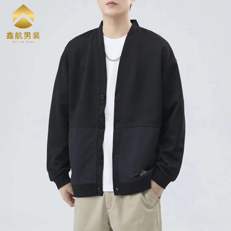 新款男士开衫卫衣斜纹拼接外套潮长袖时尚百搭休闲潮流宽松上衣