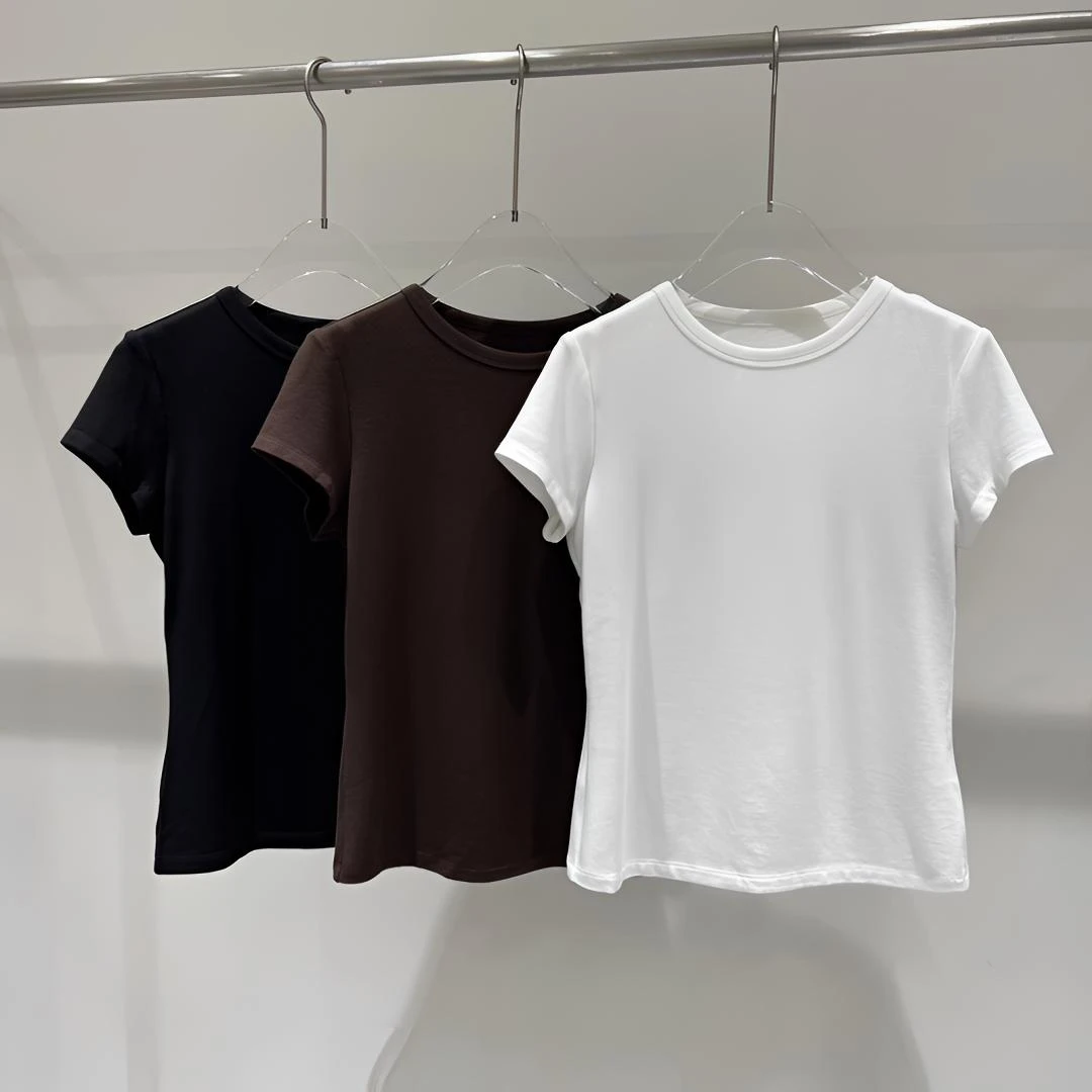 秋季新款女装百搭纯色简约气质圆领修身显瘦正肩短袖T恤上衣6159
