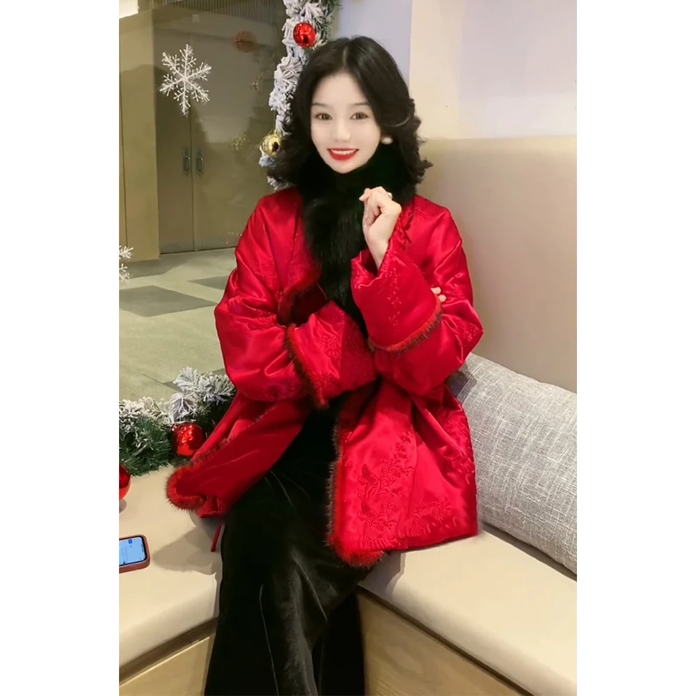 新中式国风过年拜年红色羽绒棉服高级感超好看本命年龙年花棉袄女