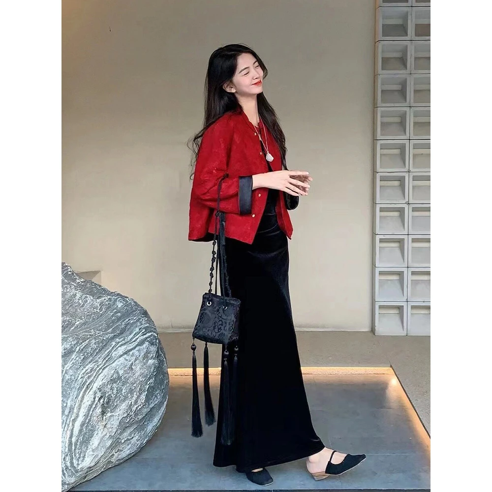 新中式国风唐装红色外套吊带连衣裙两件套装2025年早春季新款女装