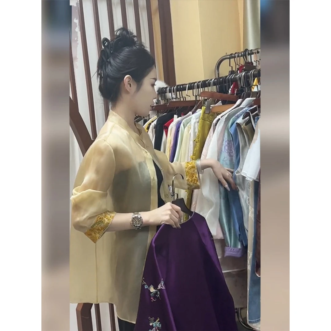 新中式欧根纱黄色衬衫2025新款女夏季超好看小个子衣国风上衣