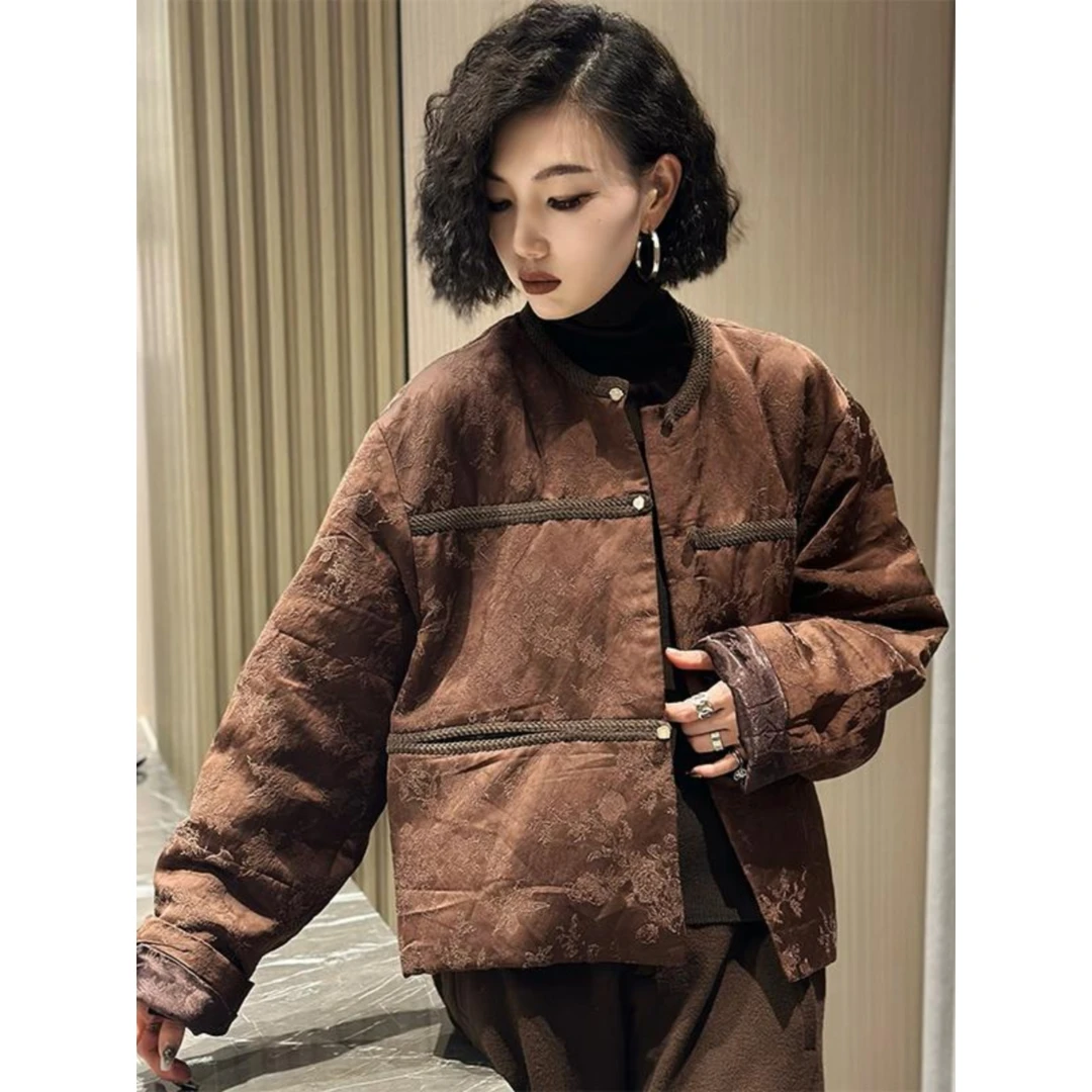 新中式国风高级感超好看炸街洋气棕色盘扣棉服外套女2025冬季新款