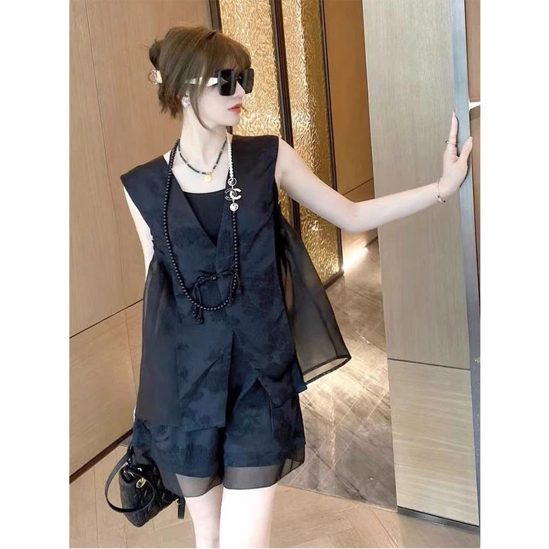 新中式女装国风套装2025夏季新款高级感盘扣黑色马甲短裤两件套装