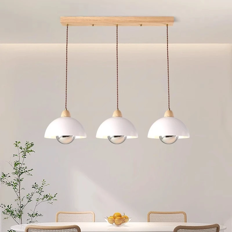 原木奶油风餐厅灯床头吧台岛台三头护眼吊灯麦花苞白蜡木实木吊灯