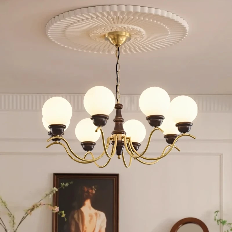 美式法式中古风客厅吊灯全铜白蜡木胡桃色灯餐厅卧室复古玻璃吊灯