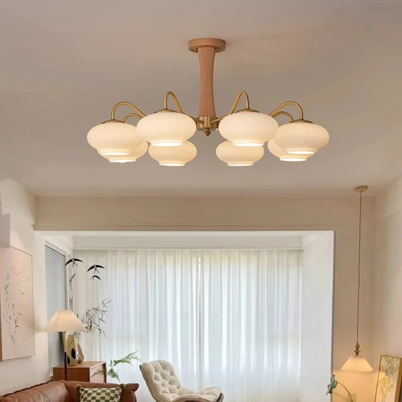 客厅吊灯原木风全铜实木灯中古奶油风卧室餐厅灯复古美式书房灯具