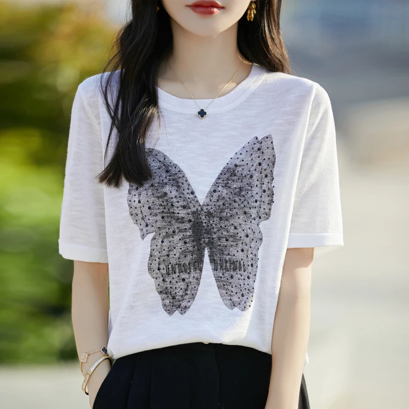 烫钻蝴蝶冰丝莱赛尔天丝打底百搭宽松气质洋气春夏重工提花77866