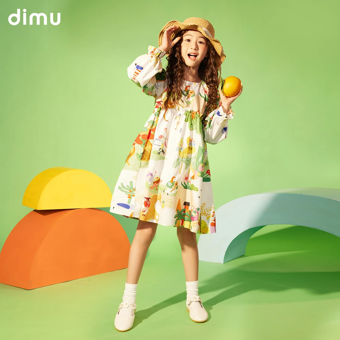 笛牧女童连衣裙2024秋季新款时髦趣味印花可爱儿童长袖纯棉布裙子
