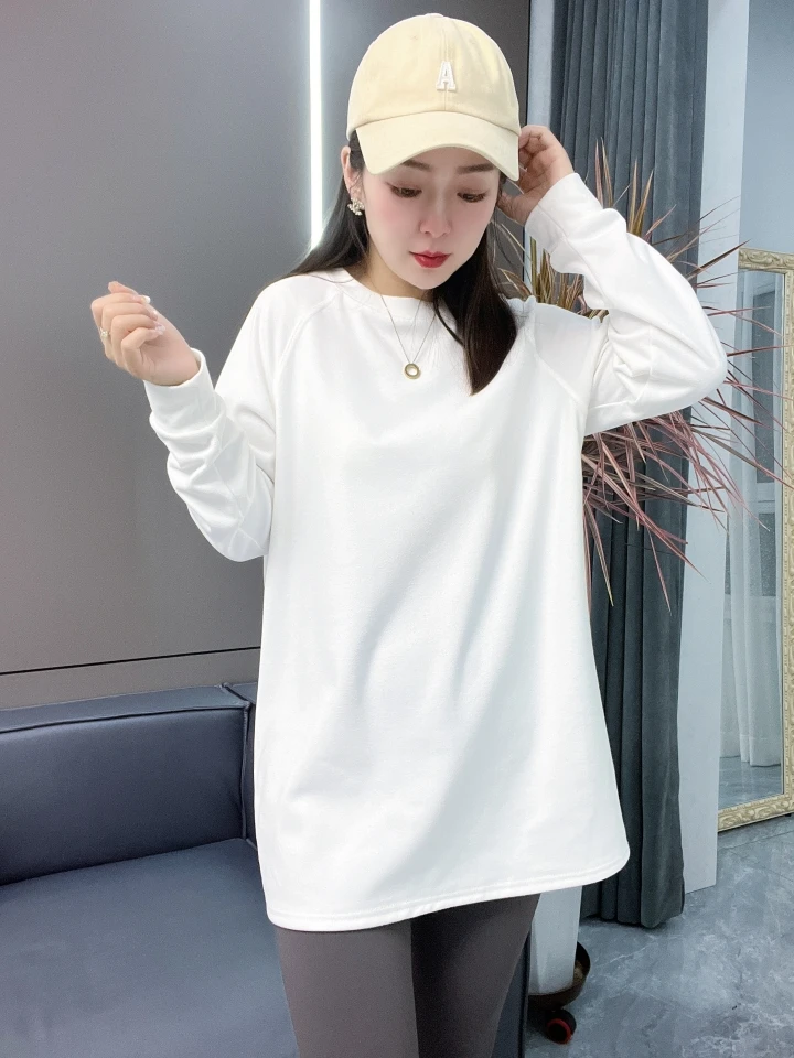 2024年秋冬韩版圆领插肩袖设计德绒长袖白色宽松百搭纯色时尚简约