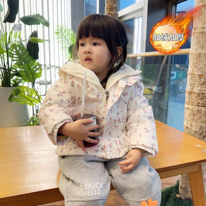 宝宝连帽冲锋衣卡通洋气男女童棉外套2024秋冬加绒加厚保暖上衣潮