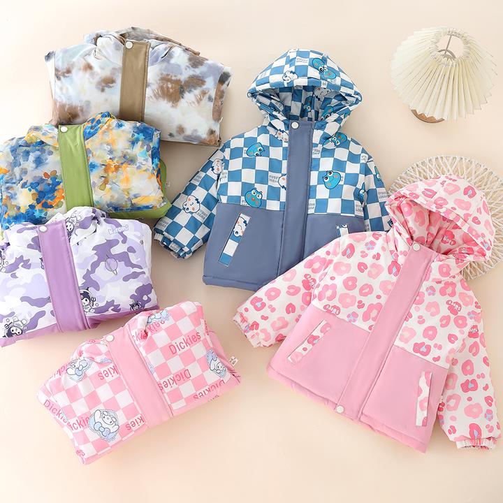 男女童冲锋衣卡通洋气印花时尚拼接连帽外套加厚保暖棉上衣新款宝