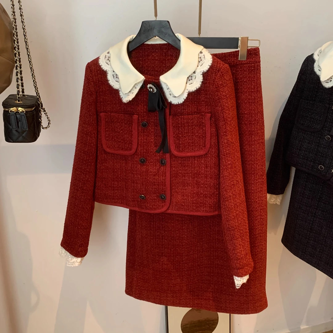 00278娃娃领外套长裙两件套女秋季高级感减龄高腰A字裙小香风套装