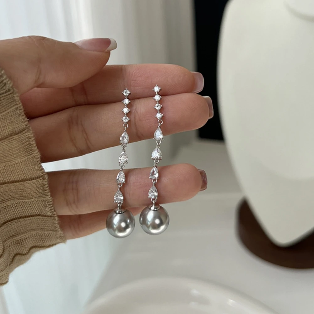 925银合成锆石耳饰 长款珠珠耳环女2024新款轻奢复古小众高级感