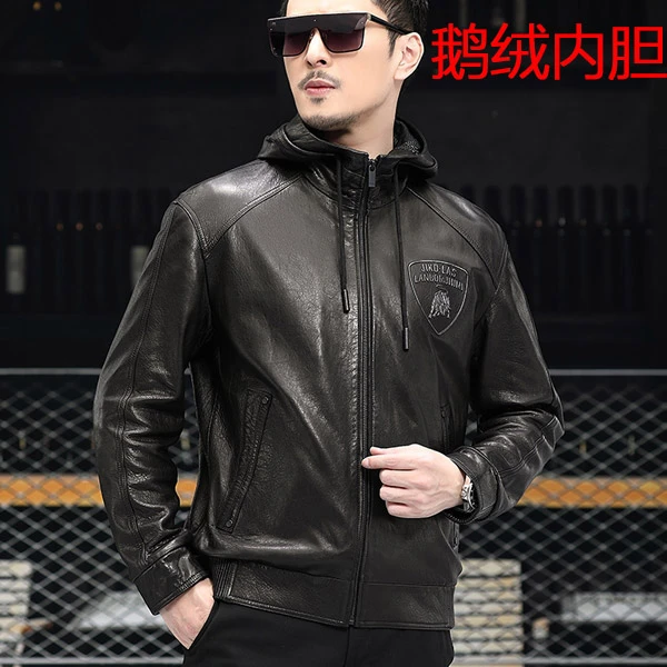 YY2106短款连帽鹅绒真皮皮衣男士海宁皮夹克绵羊皮时尚外套冬保暖