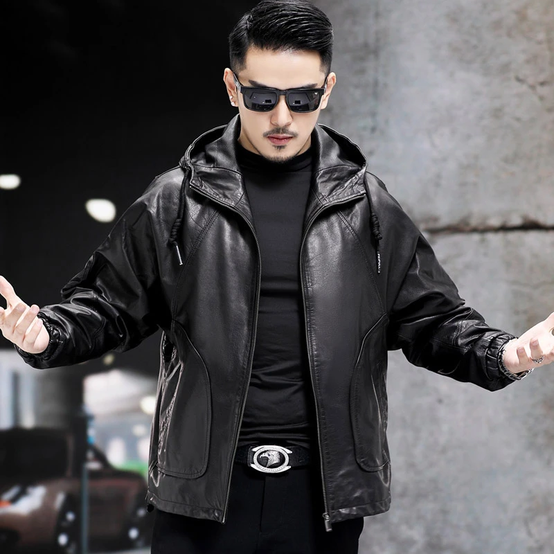 8805宽松版海宁真皮皮衣男短款连帽羽绒服皮夹克外套时尚休闲冬季