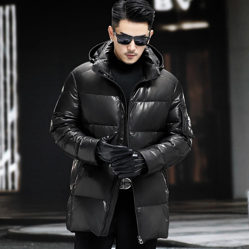 23826 时尚海宁真皮皮衣男羽绒服头层山羊皮中长款连帽外套帅气冬