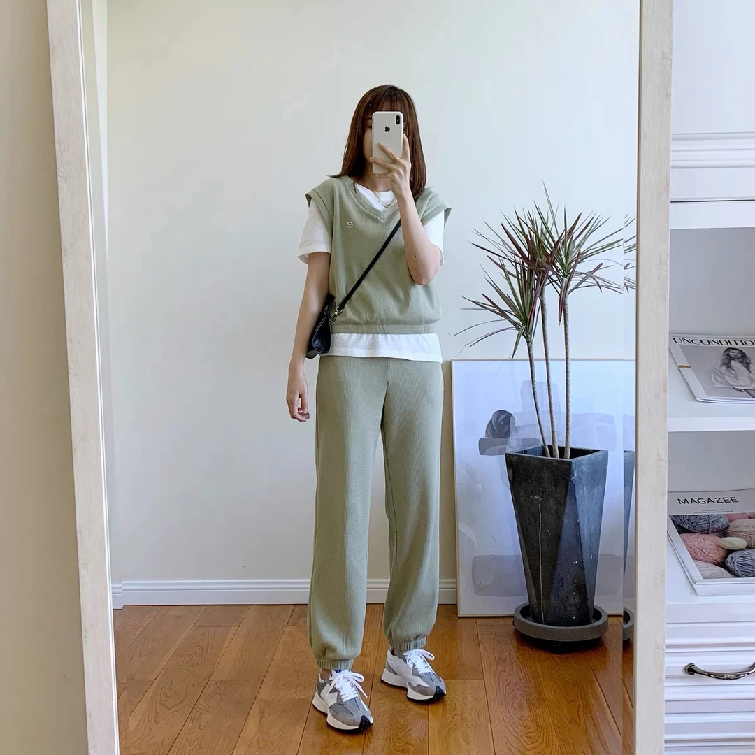 华夫格背心休闲长裤两件套叠穿套装