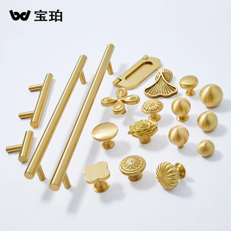 新中式现代轻奢实心黄铜拉手抽屉衣柜橱柜门简约金色加长铜门把手