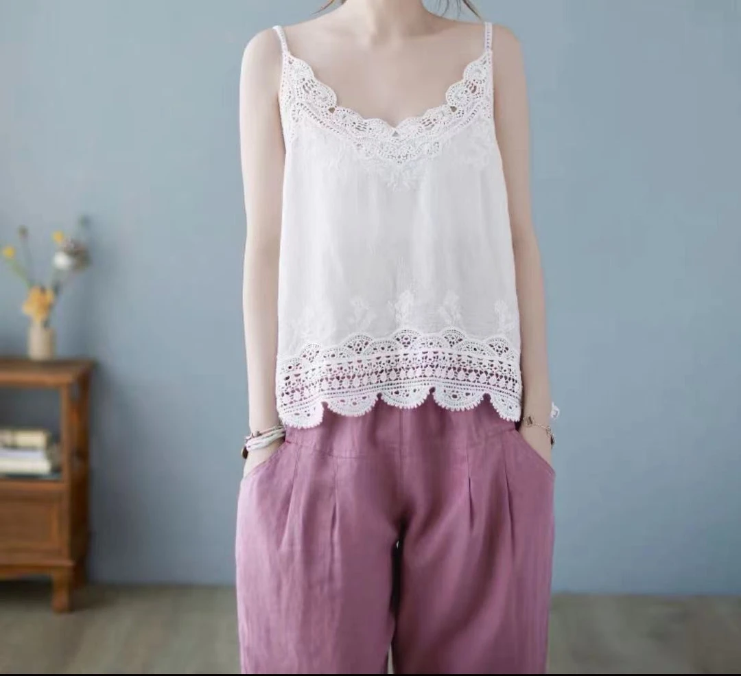 笑笑专属 棉麻纯色蕾丝小吊带百搭打底34002 胸围100衣长58