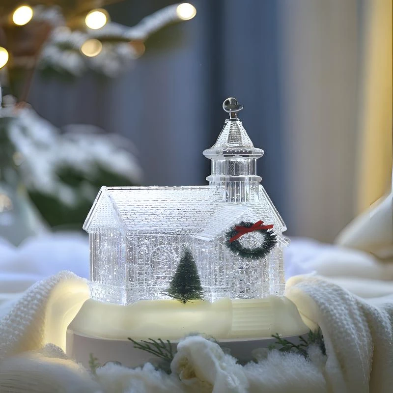 圣诞节水晶下雪房子教堂音乐盒发光蜡烛台摆件圣诞树装饰布置礼物