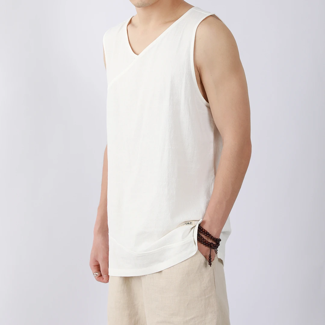 【夏爽】草民麻衣夏棉麻无袖汗背心国风轻薄交领加大码男亚麻布上衣