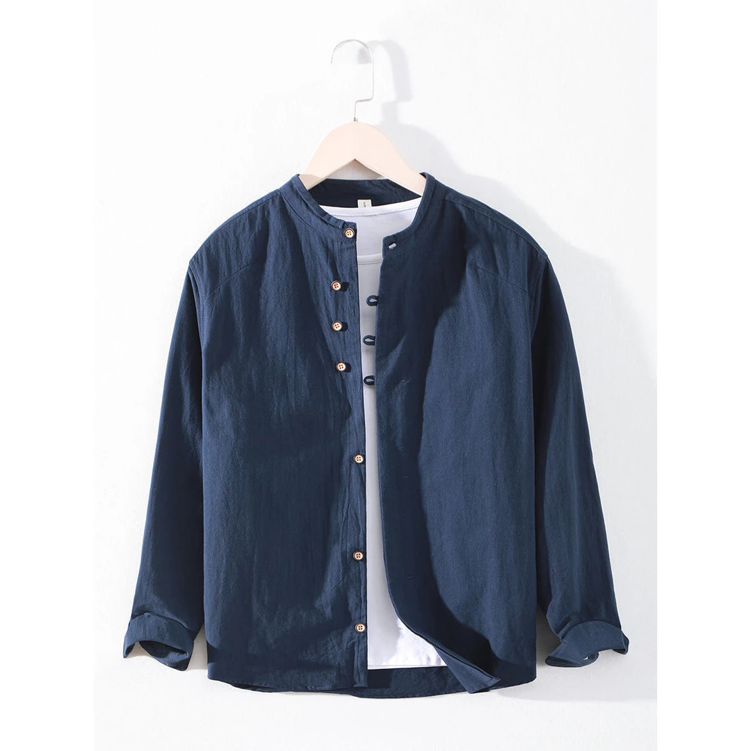 新中式复古休闲亚麻衬衫男长袖百搭简约修身立领棉麻中国风男上衣