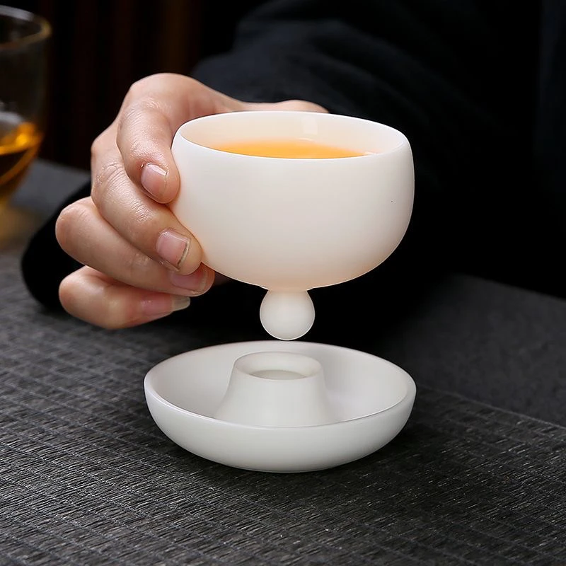 素烧羊脂玉铃铛杯转转主人杯功夫茶具品茗杯白瓷茶杯高档礼品定制