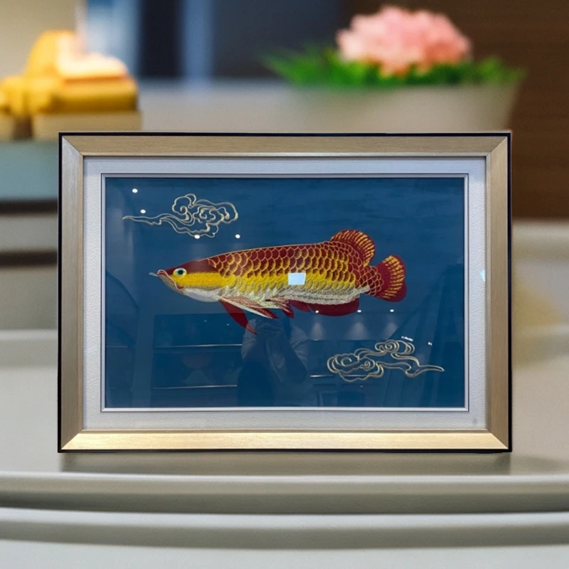 餐厅装饰画蓝色金龙鱼餐桌沙发背景墙装饰挂画立体实物画轻奢手工