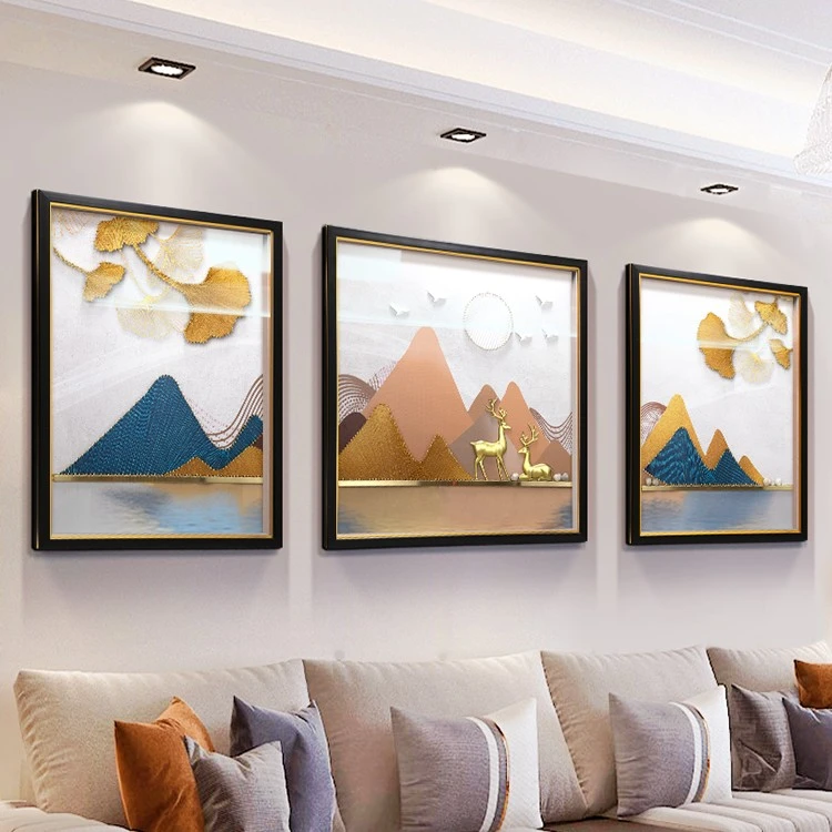 沙发背景墙装饰画现代轻奢客厅高端挂画山水风景立体实物壁画三联