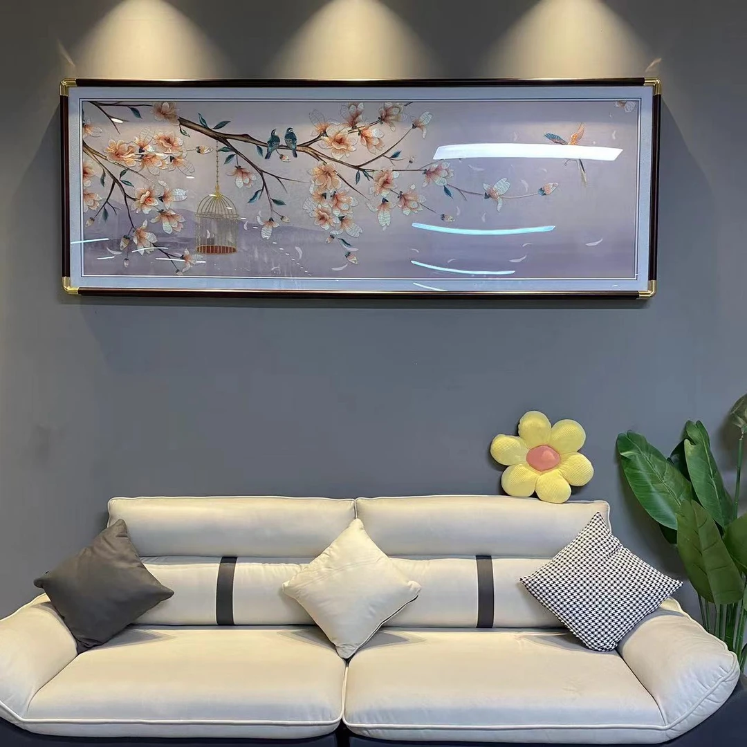 紫金玉兰高档织锦绣沙发背景挂画轻奢中式刺绣客厅装饰画壁画