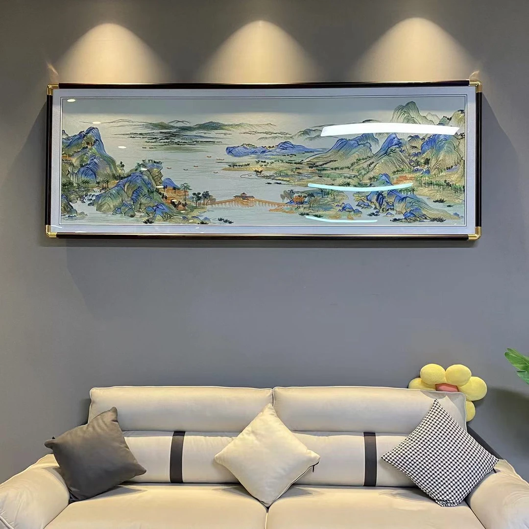 「浅色新款千里江山图」新款织锦绣客厅沙发背景墙装饰画山水壁画