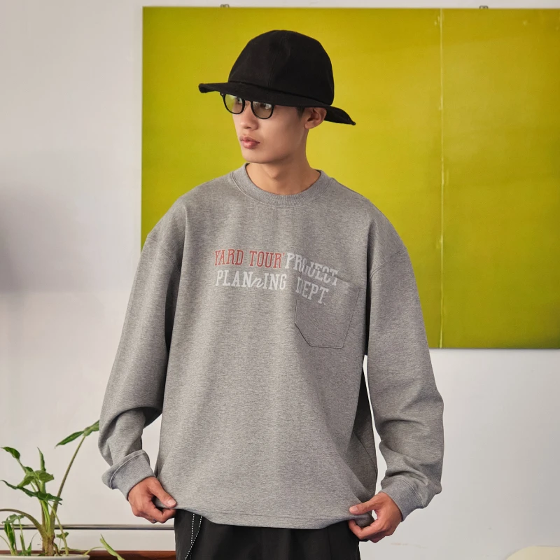 HavenYard空气层口袋标语字母印花日系重磅宽松百搭圆领长袖T恤