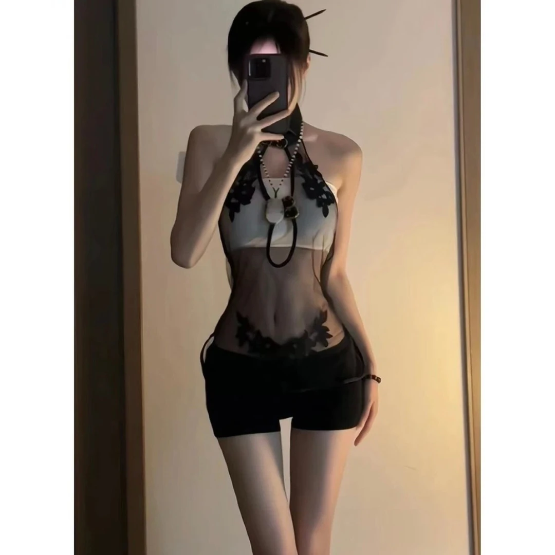 蜜密性感蕾丝复古制服网纱纯欲女透视古典刺绣斩男包臀套装薄款