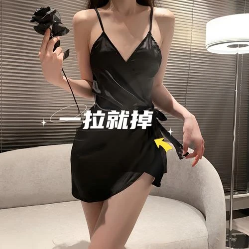 黑白深V开襟系带睡衣吊带性感睡衣轻奢冰丝露背显瘦睡裙女夏