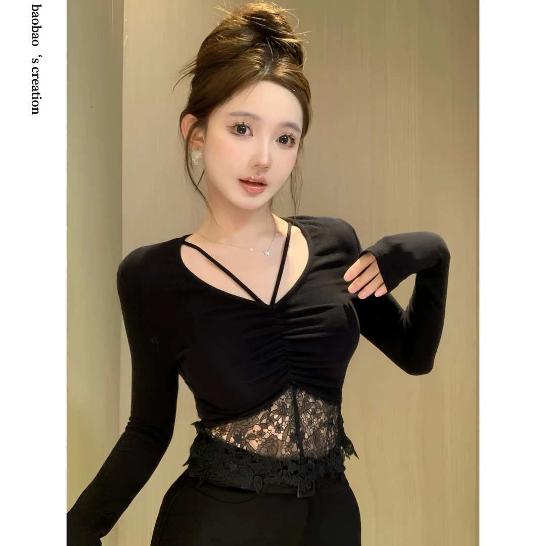 精致磨毛针织 拼接花边上衣女长袖V领修身纯欲性感打底T