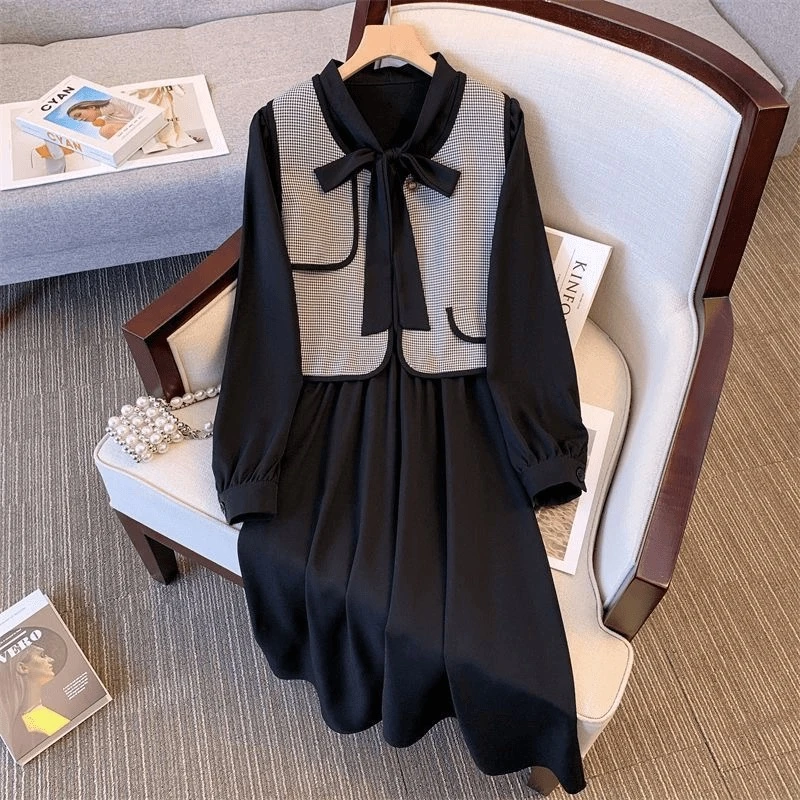 佳奇家早秋新款格子马甲两件套宽松收腰遮肚小个子外穿胖妹妹