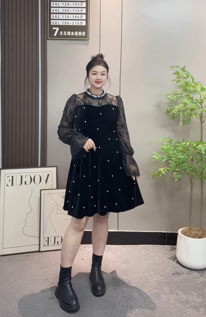 佳奇家秋冬新款黑色丝绒网纱长袖大码连衣裙名媛风时尚A字裙