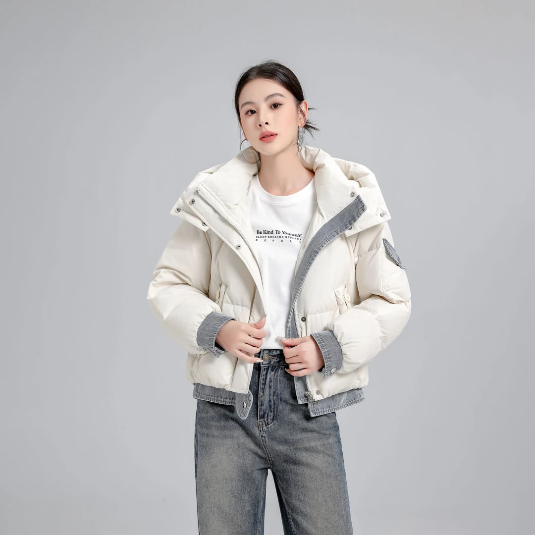 【丽】2024冬季时尚设计感牛仔拼接百搭潮流防风短款羽绒服24123