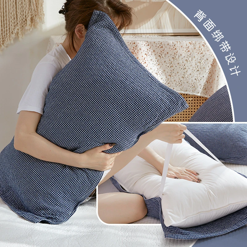 纯棉纱布枕巾松紧带固定防脱落防滑格子绑带枕巾成人枕头巾