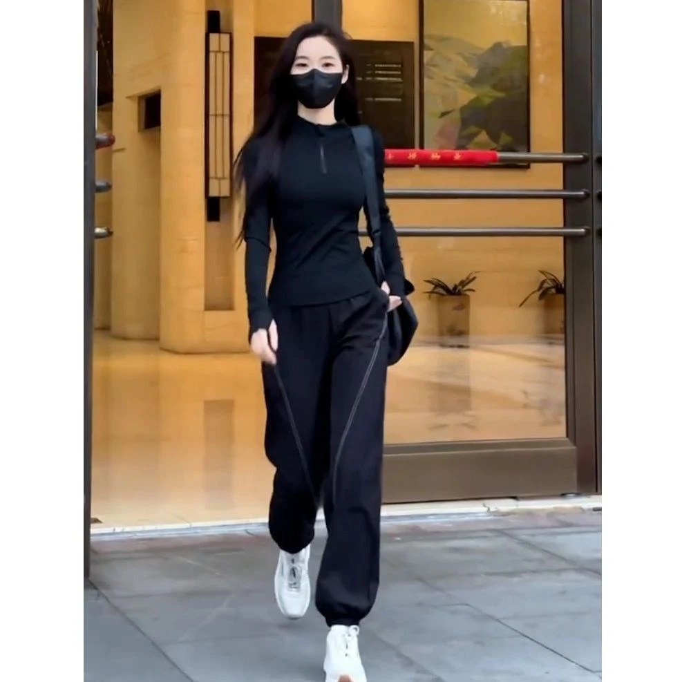 黑色休闲运动套装女弹力修身跑步速干瑜伽服卫裤夏装搭配一整套潮