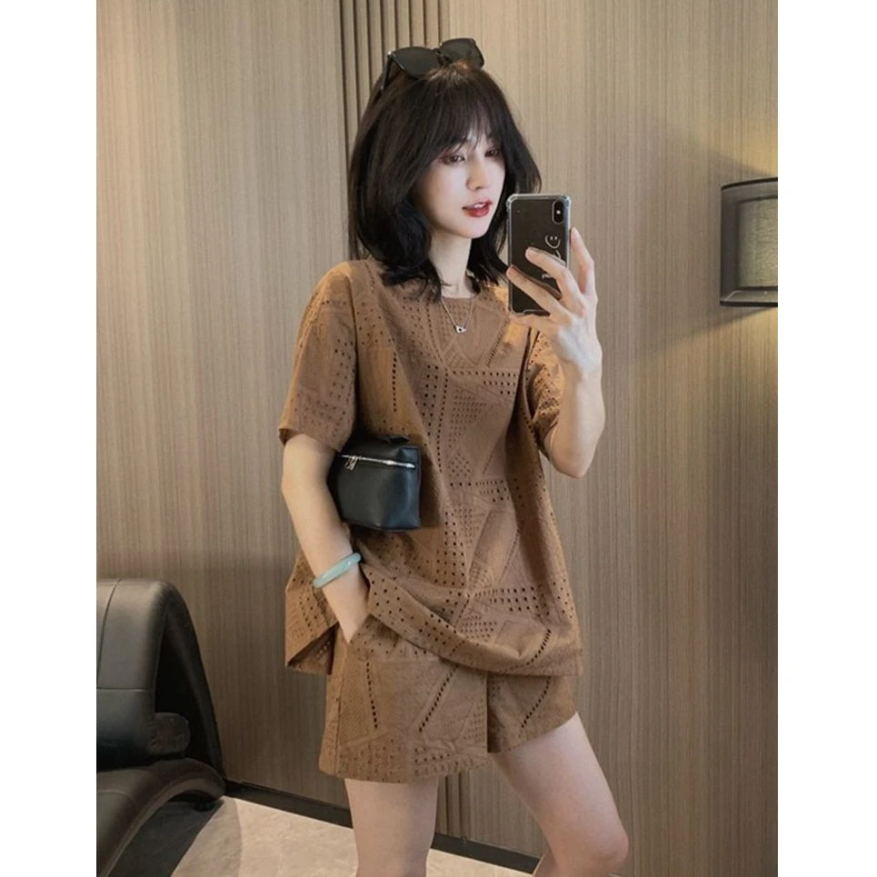 休闲套装女2024新款夏季宽松洋气镂空短袖T恤上衣时尚短裤两件套