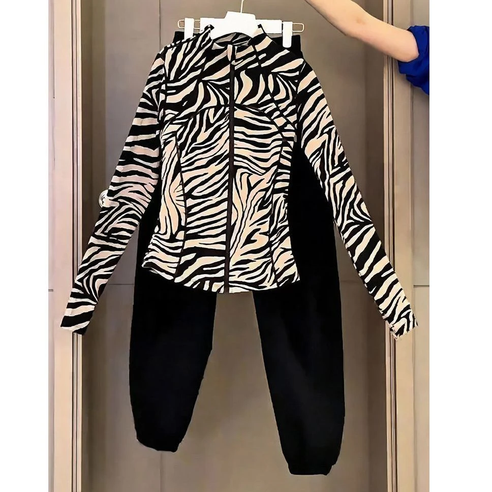 潮流高级感束脚裤休闲时尚一整套花色减龄拉链开衫长袖两件套女装