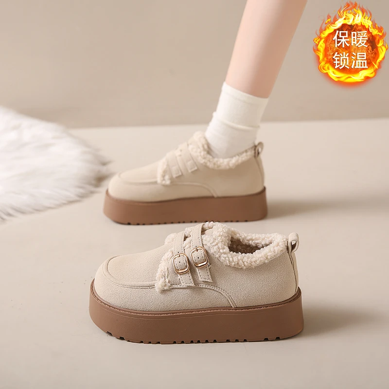 加绒勃肯鞋女版2024冬季时尚厚底一字扣带保暖鞋子外穿毛毛女棉鞋