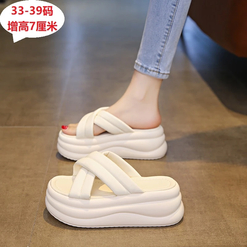 33-39码厚底拖鞋女外穿时尚仙女风ins增高网红一字拖2025夏季新款