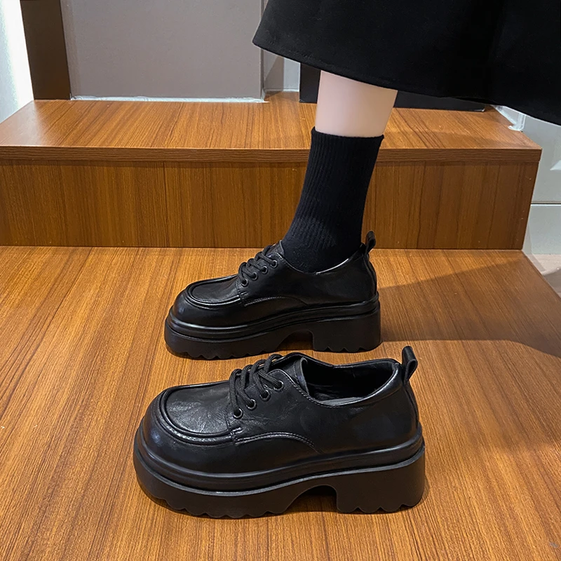 厚底乐福鞋女士圆头系带小皮鞋2024秋季新款百搭高跟休闲女单鞋