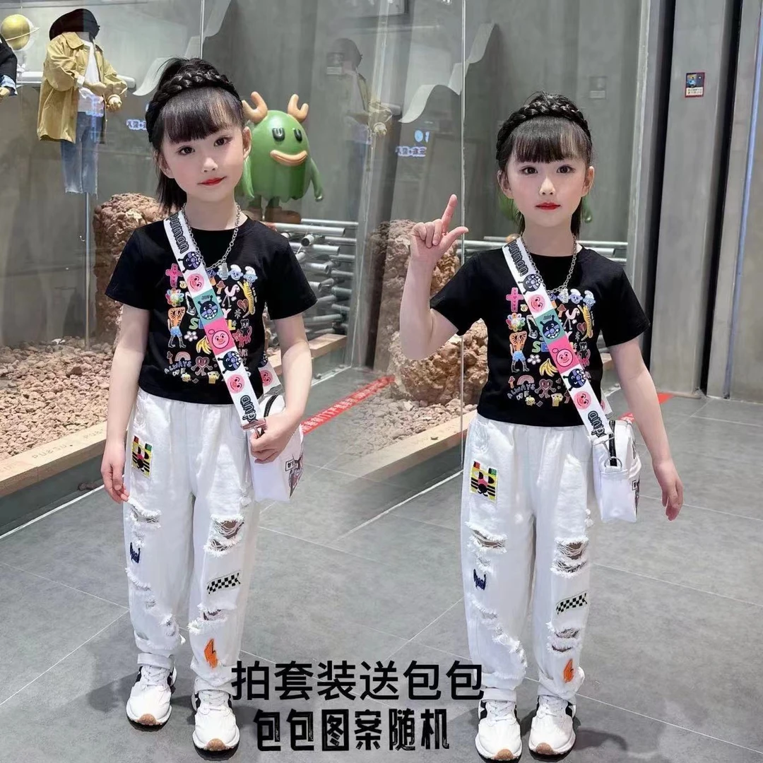 女童卡通防蚊裤T恤破洞牛仔裤套装夏款【套装送包包】洋气大童