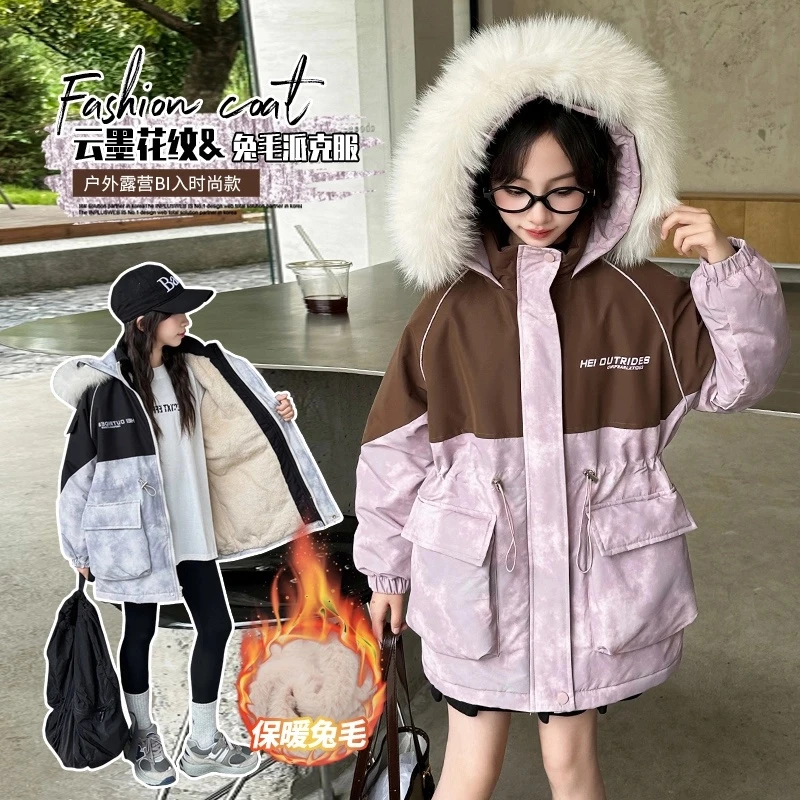 女童派克服中长款收腰加绒加厚女孩棉衣6-12岁15岁中大童冬季外套
